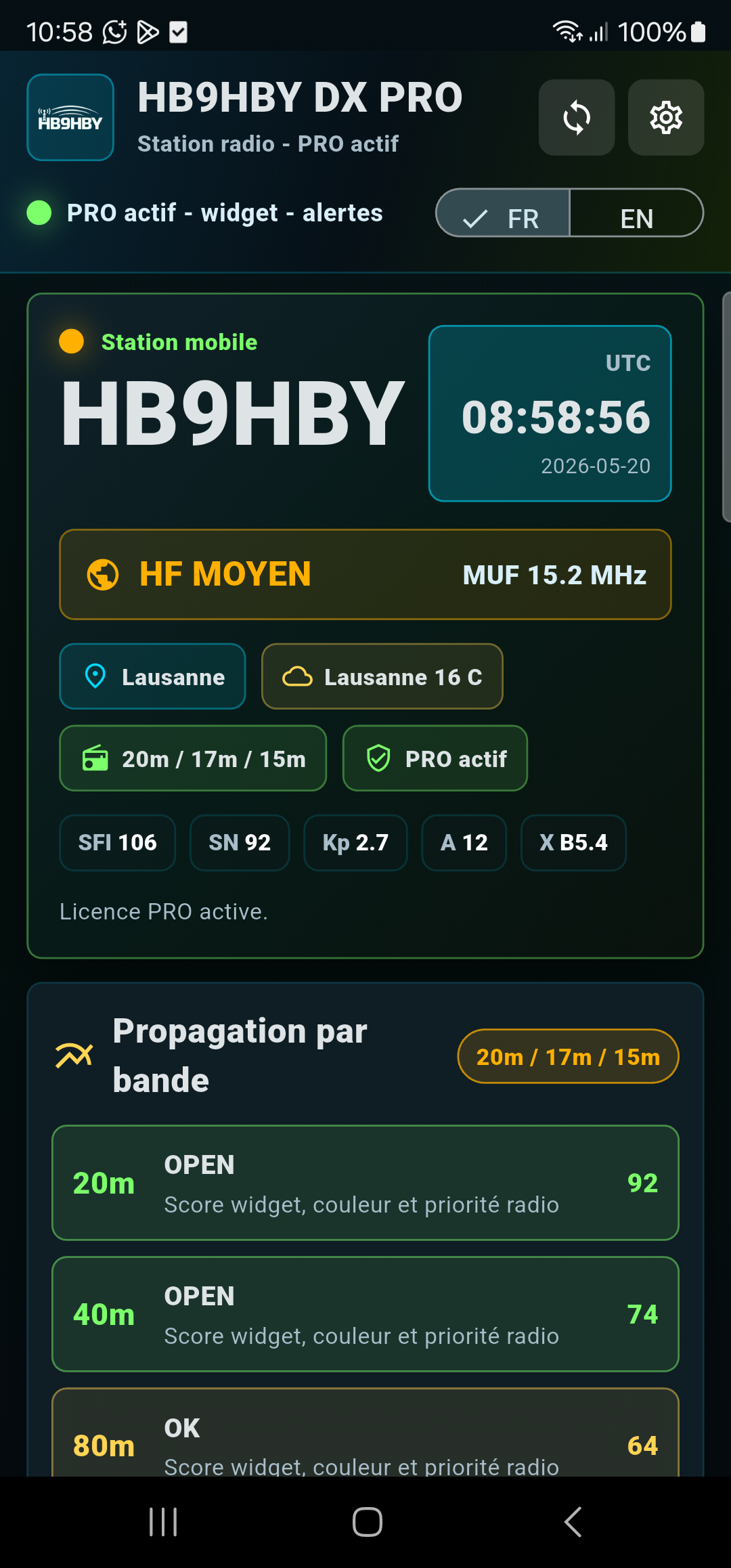 Accueil de l'application mobile HB9HBY DX avec propagation, météo locale et statut PRO