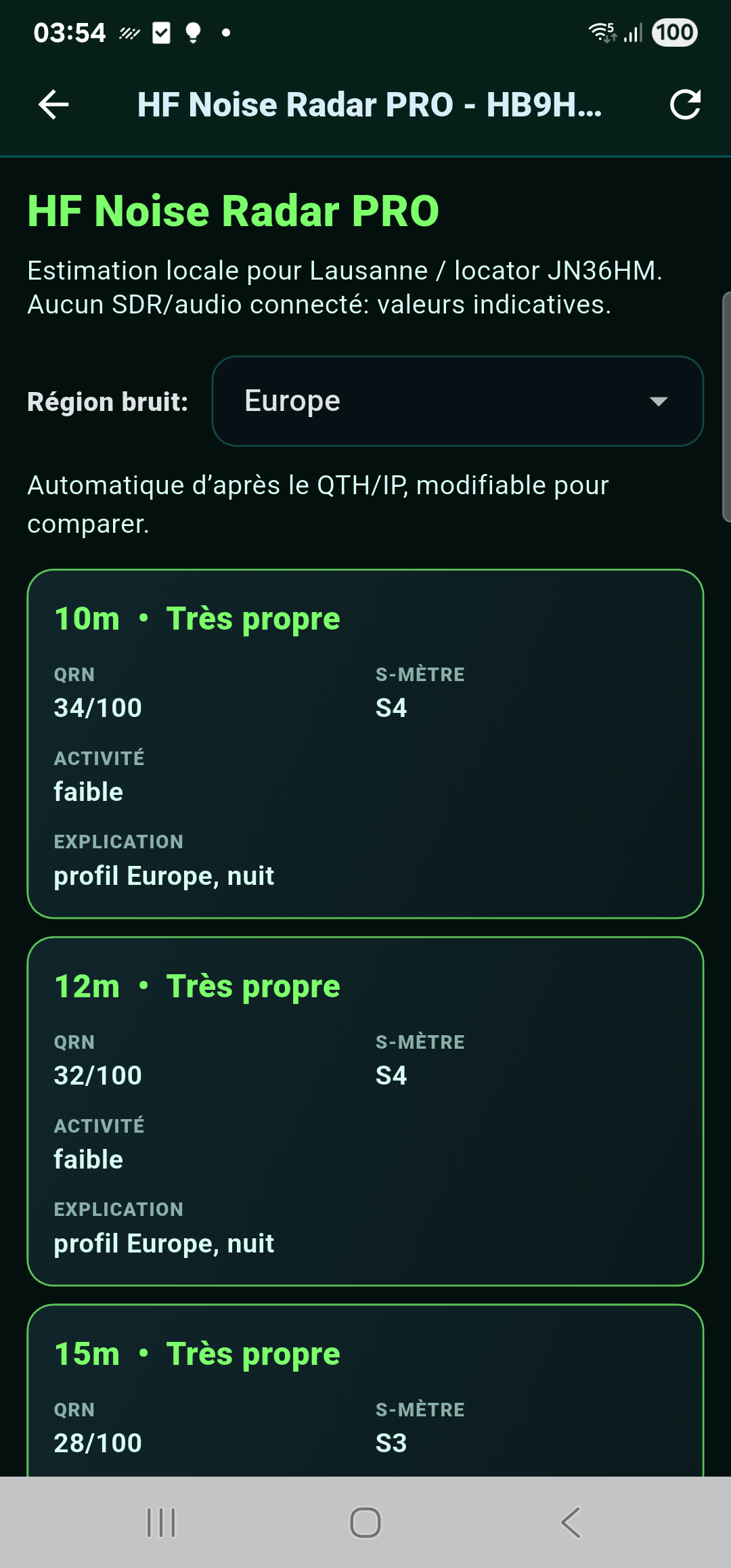 HF Noise Radar PRO dans l'application mobile HB9HBY DX
