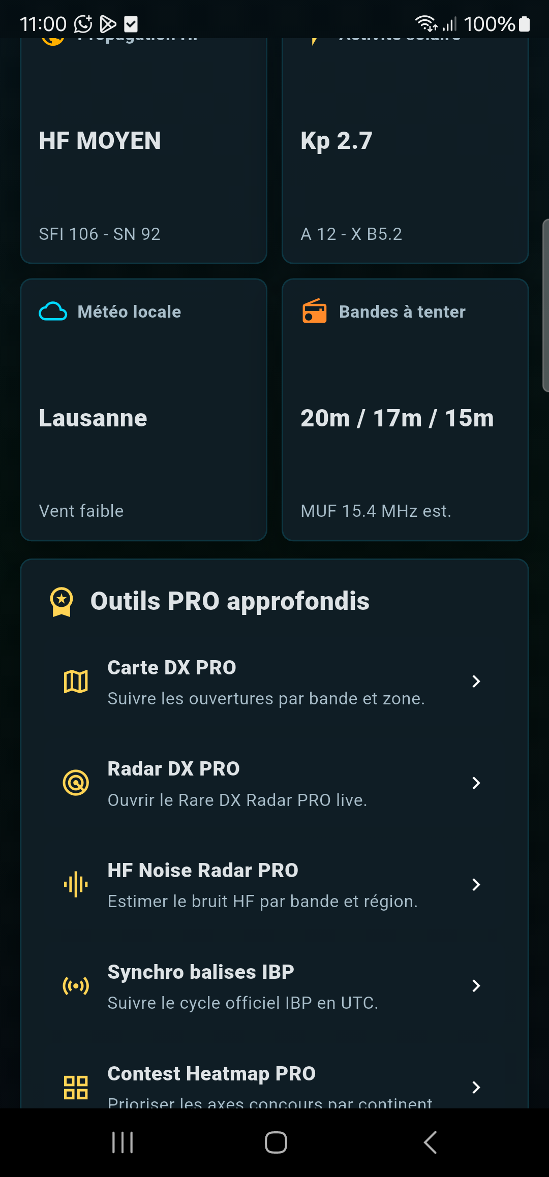 Liste des outils PRO dans l'application mobile HB9HBY DX