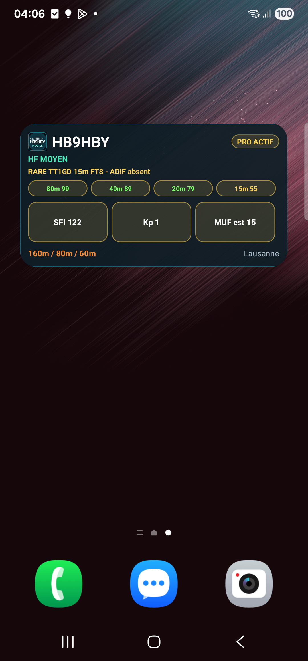 Widget HB9HBY DX installé sur l'écran d'accueil Android